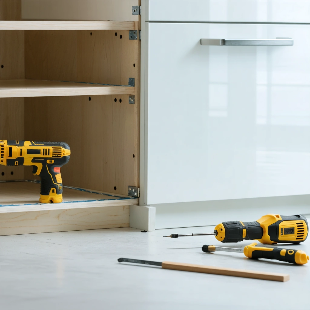 Cabinets being leveled and aligned during installation with precision tools