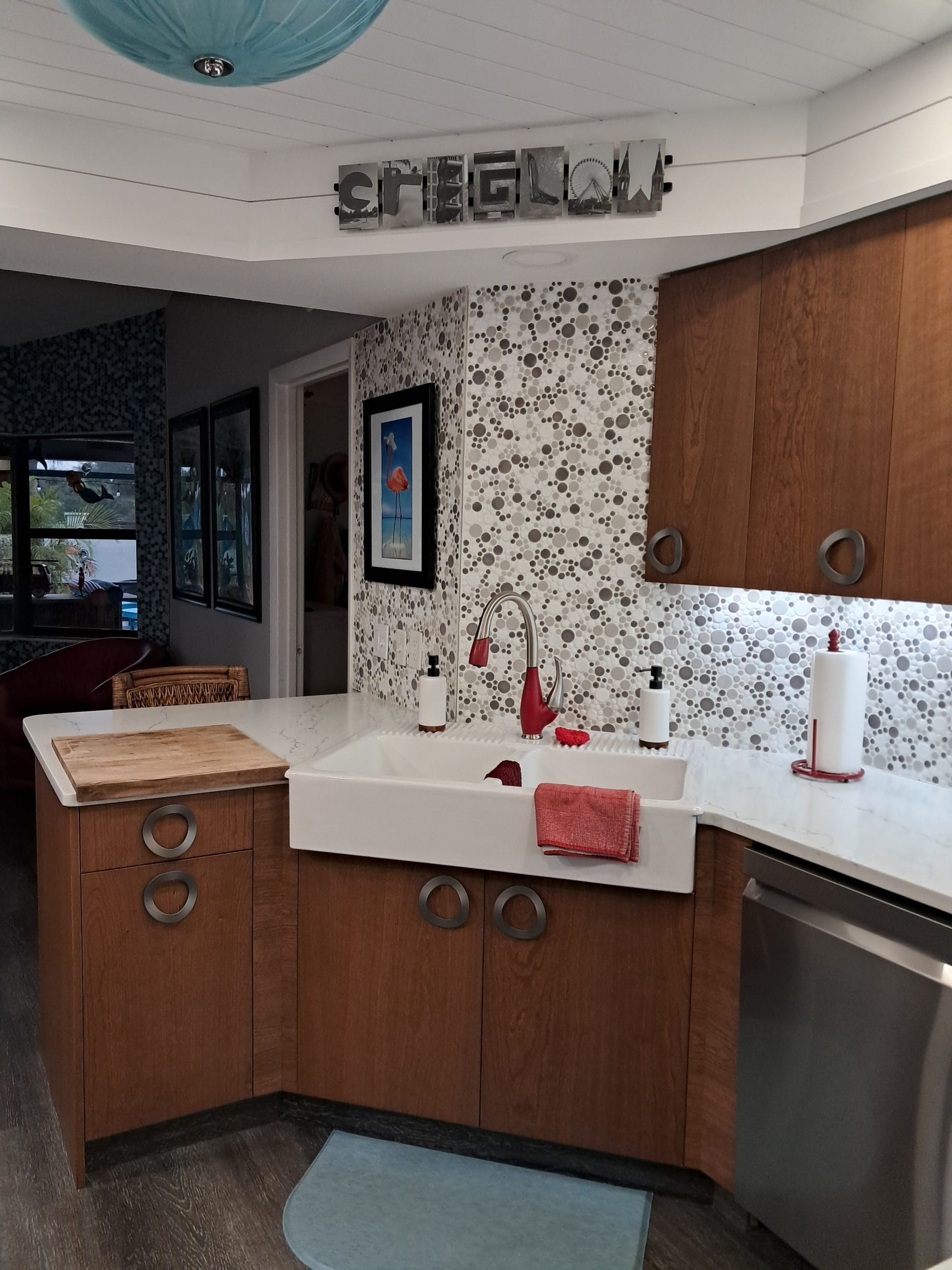 Cabinets being leveled and aligned during installation with precision tools