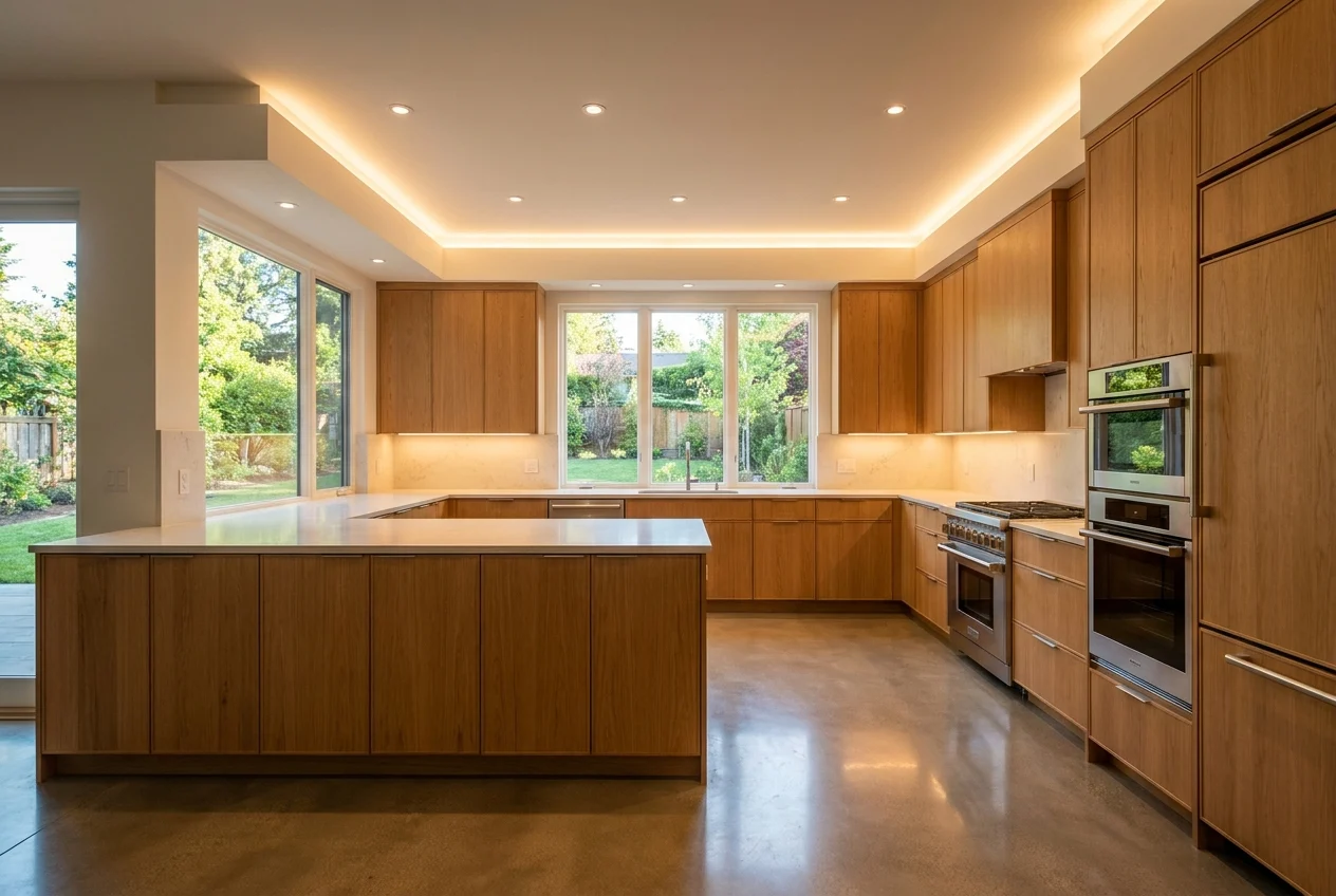 Modern kitchen with sleek cabinets and natural wood finish
