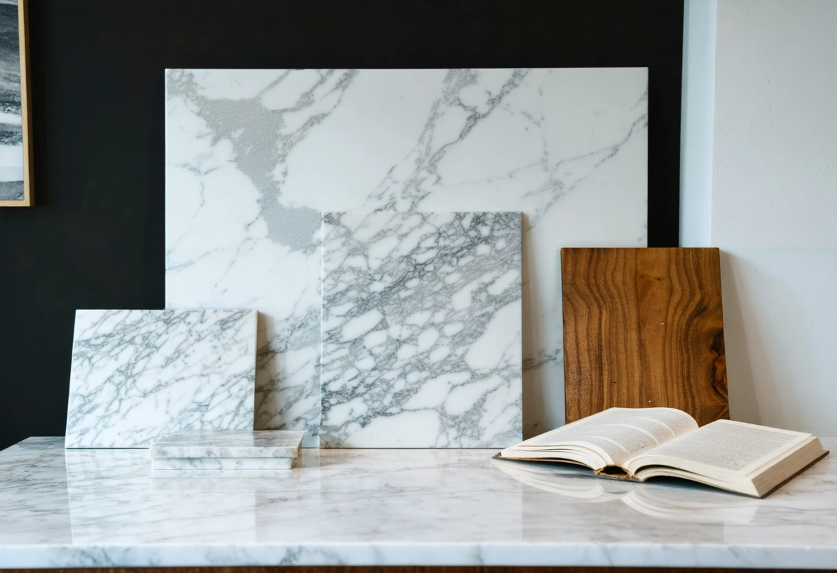 Marble, butcher block, and laminate samples on a countertop with cabinet doors.