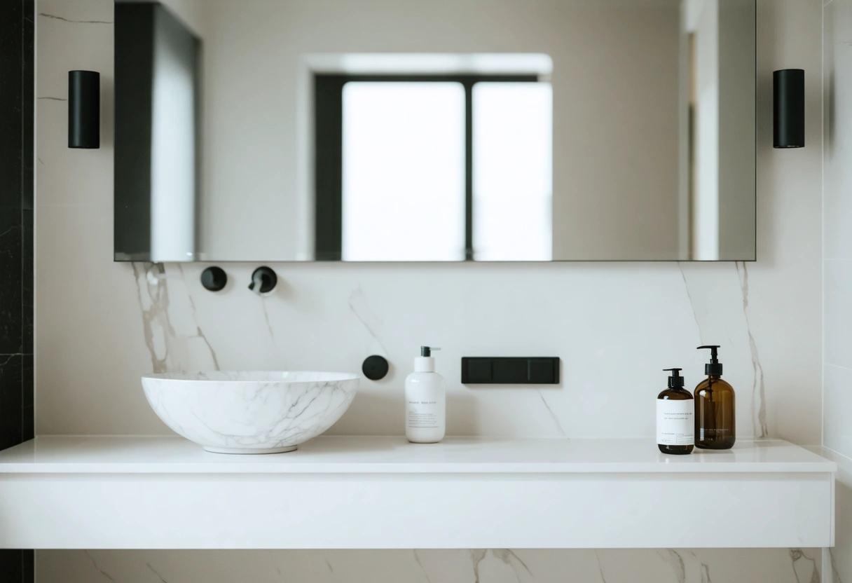 Bathroom vanity with a vessel sink, modern design, sleek lines, bright and clean setting, focused