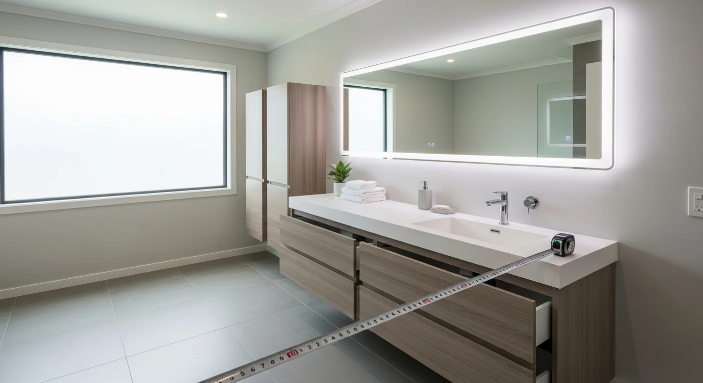 Bathroom with a new vanity, measuring tape visible, spacious layout, modern fixtures, bright lighting, organized