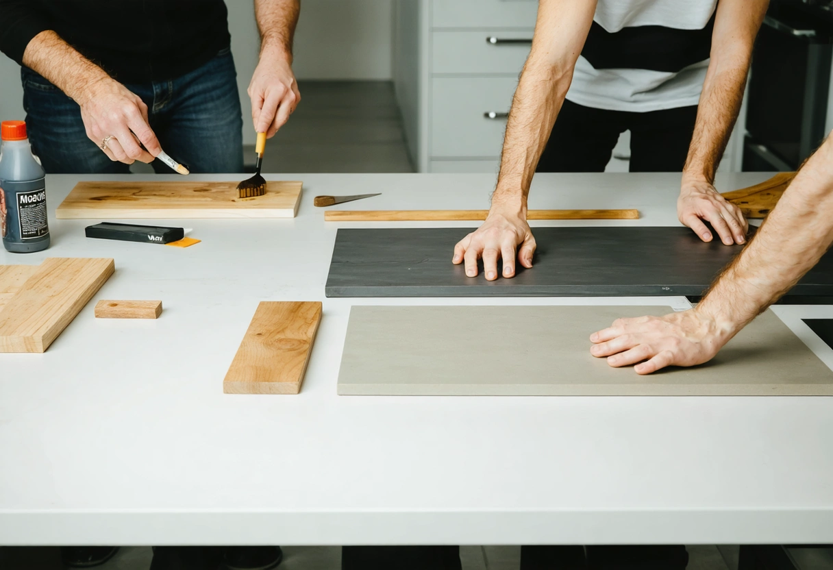 Design workspace with countertop samples, trivet, and measuring tools.