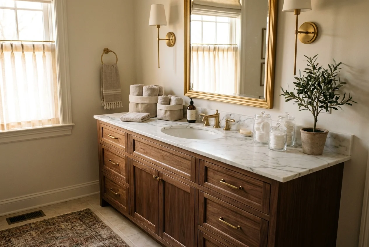 Elegant bathroom vanity, well-organized, beautiful materials, bright and inviting setting, showcasing style and functionality, warm