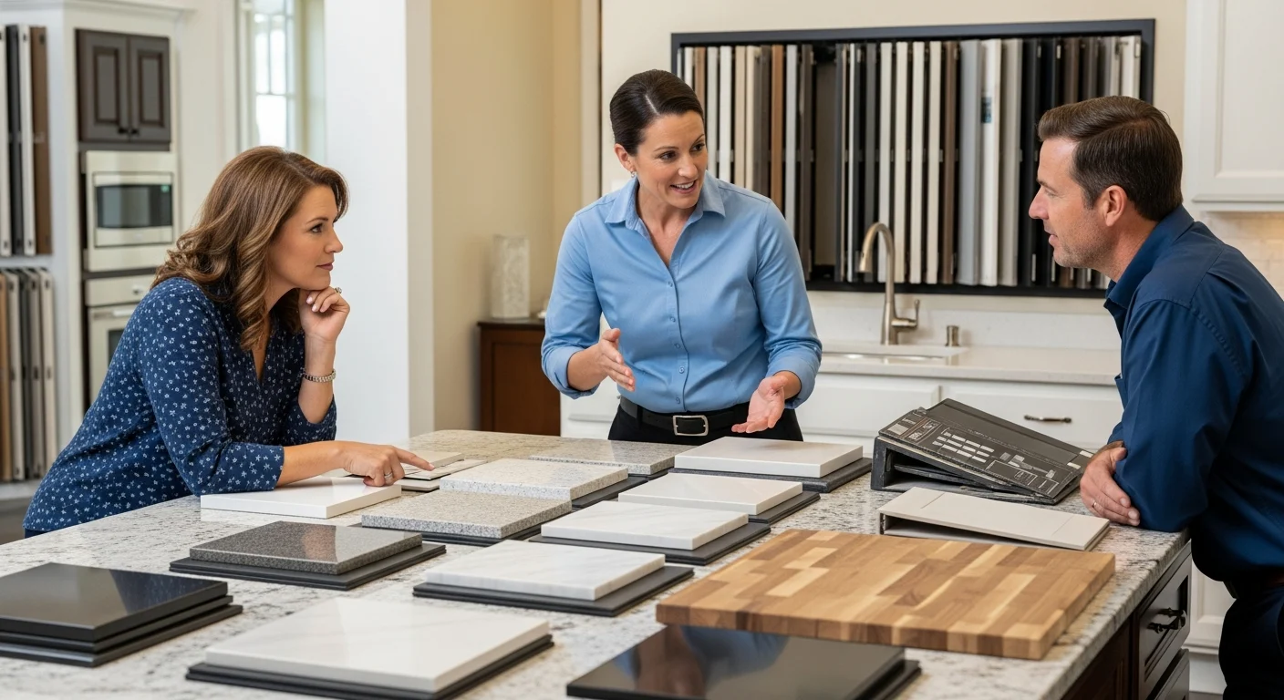 Three people discussing countertop samples in a kitchen showroom