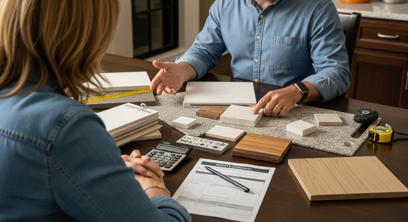 Homeowner and designer reviewing samples at a Venice showroom table.