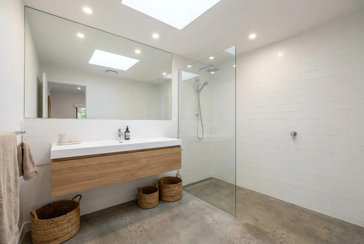 Small bathroom with wall-mounted vanity, modern and minimalist design, open floor space, bright lighting, maximizing