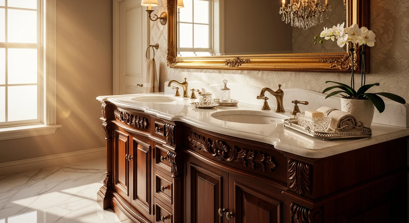 Classic wooden bathroom vanity with intricate carvings and warm lighting
