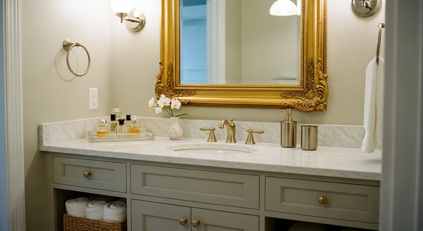 Vanity with ornate framed mirror, stylish accessories, bright and chic bathroom setting, enhancing aesthetics and