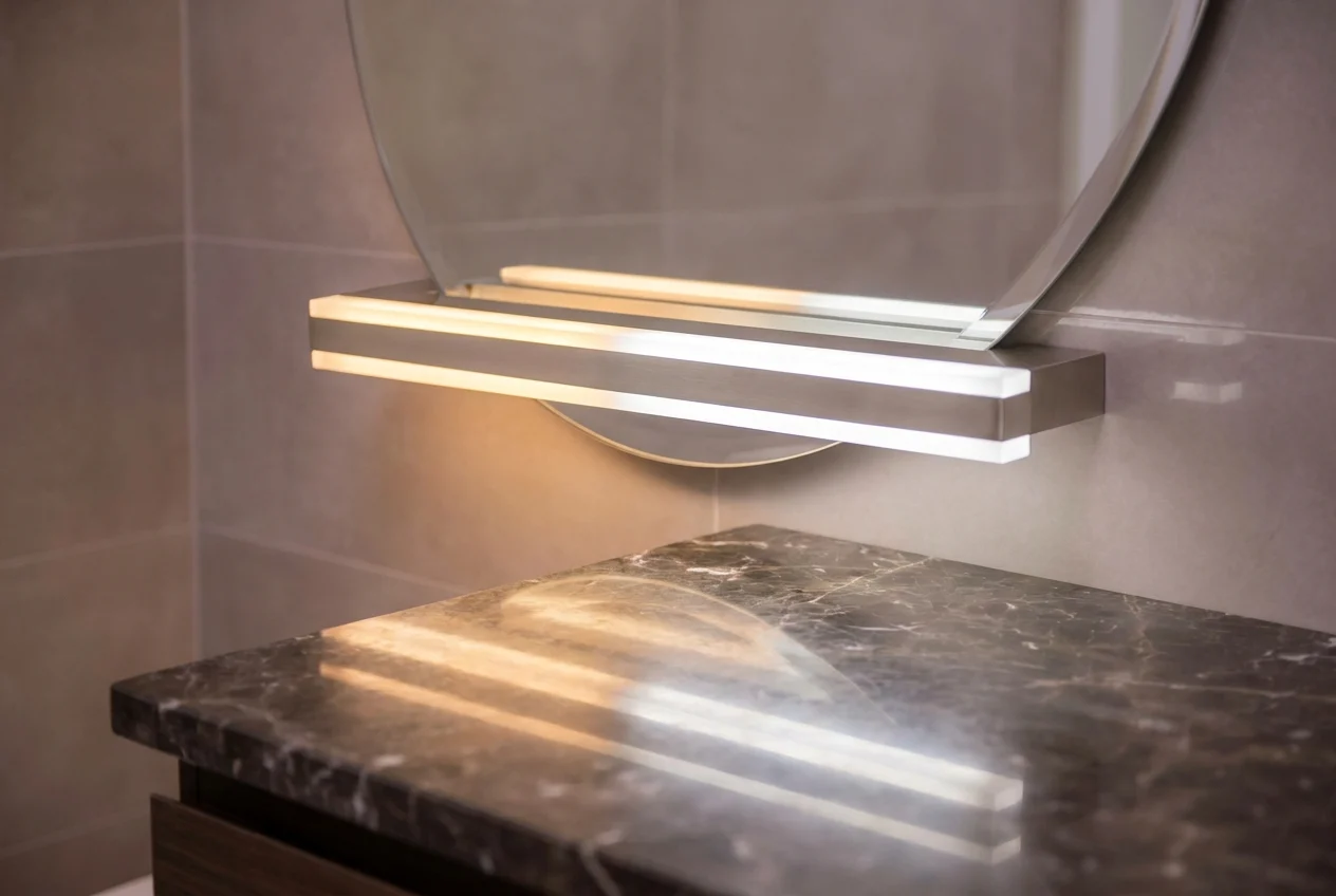Close-up of LED vanity light fixture above a bathroom mirror.