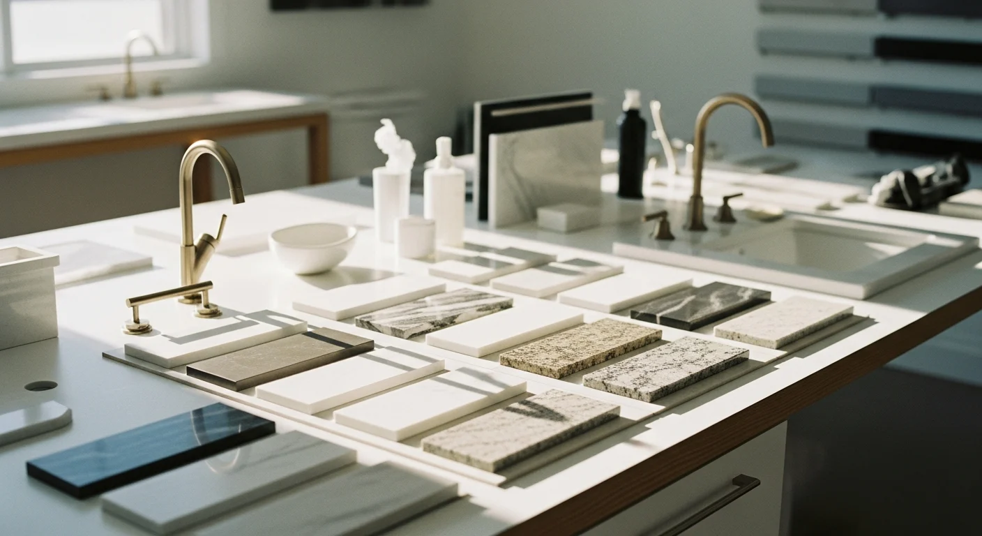 Modern bathroom vanity planning scene with countertop material samples