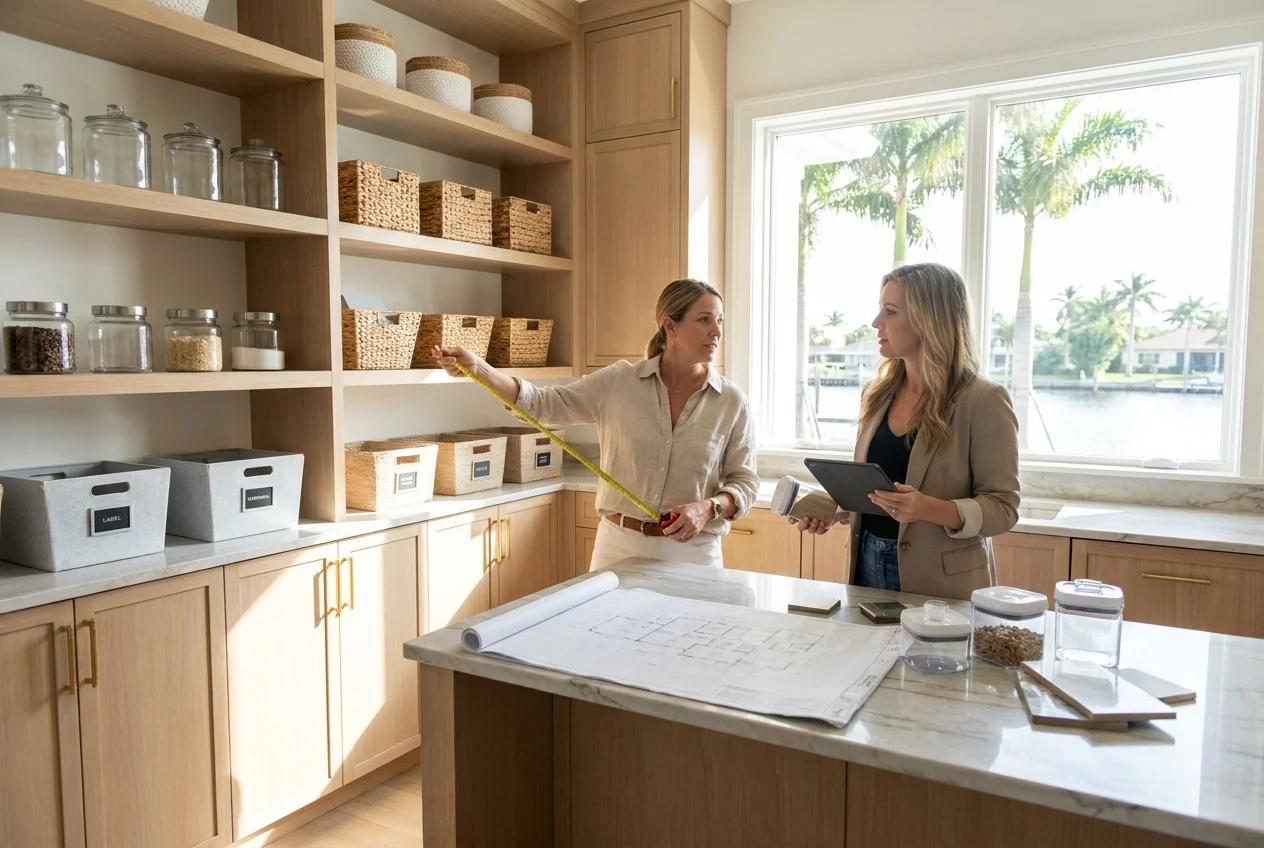 Homeowner and designer planning a pantry layout in a bright kitchen