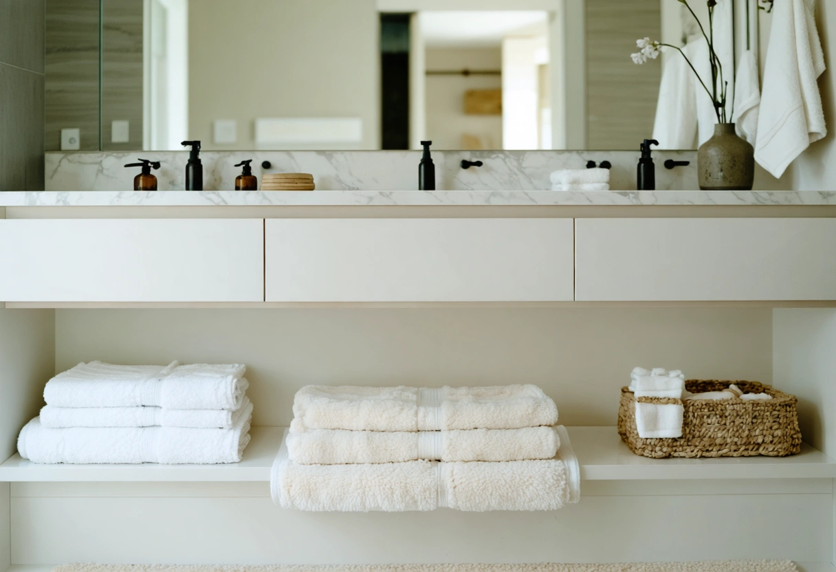 Coastal-inspired bathroom vanity with plush towels and soft bath mat.