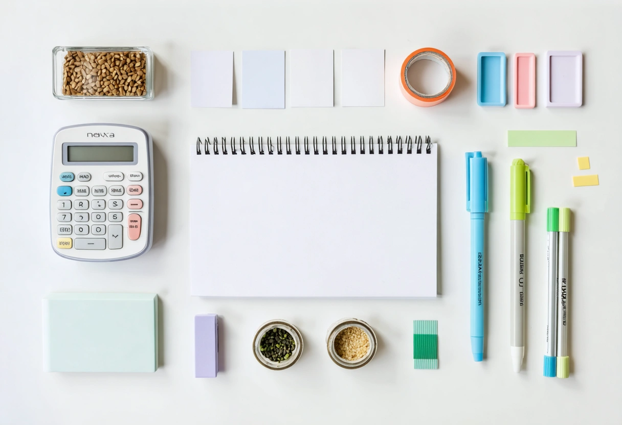 Flat-lay of labeling tools and planning notes on a work surface