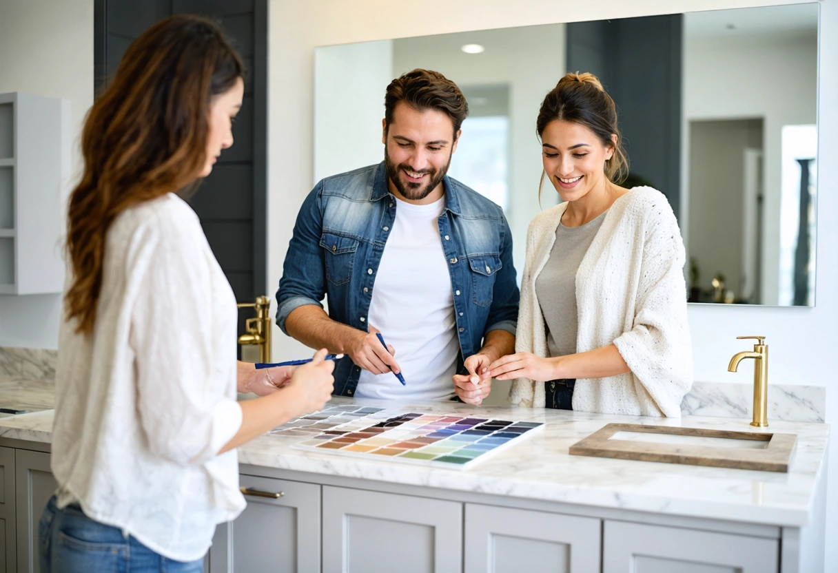 Homeowners and expert reviewing vanity samples in a showroom consultation.