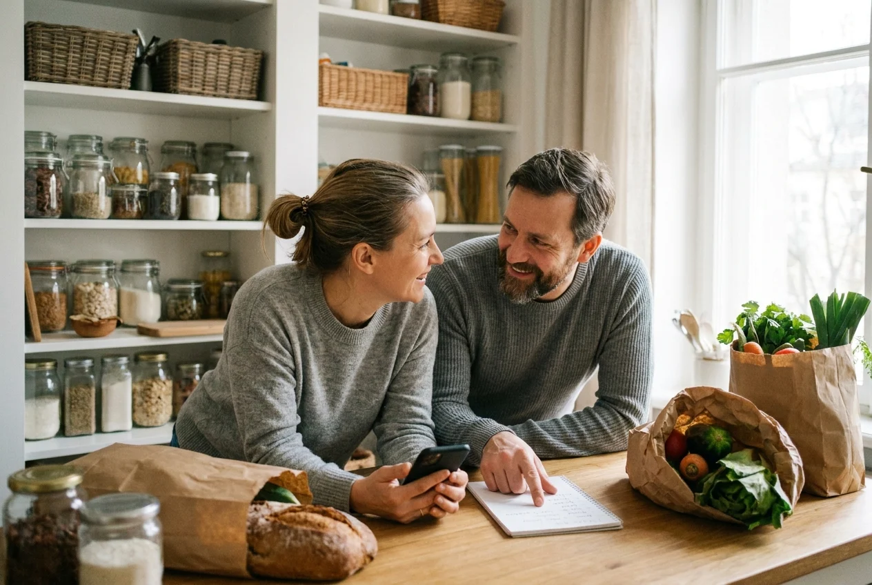 Family discussing grocery list with organized pantry in the background