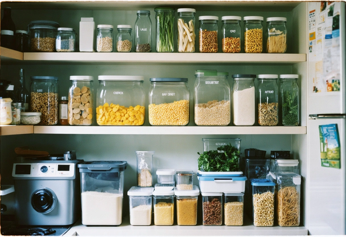 Organized pantry with sorted goods and reusable containers on shelves