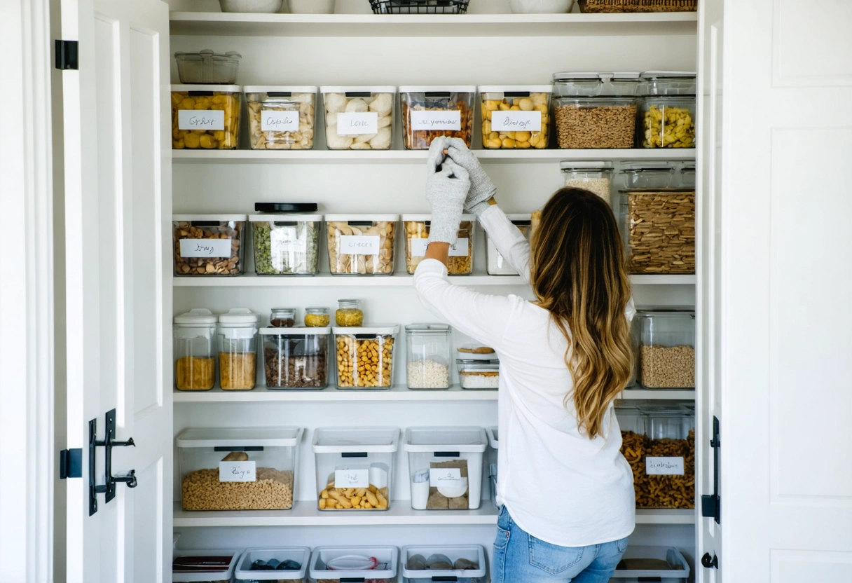 Homeowner placing items in labeled bins on pantry shelves