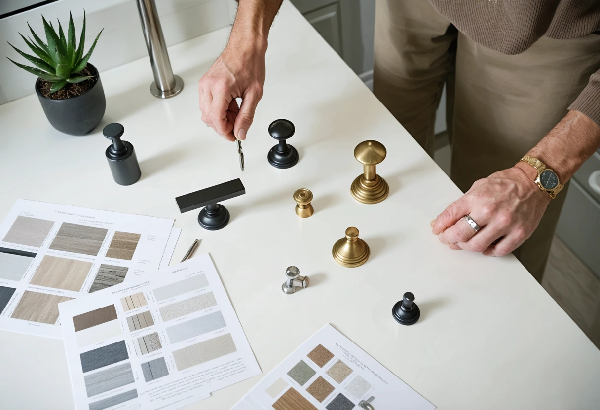 Designer and homeowner comparing bathroom vanity hardware options on a tabletop.