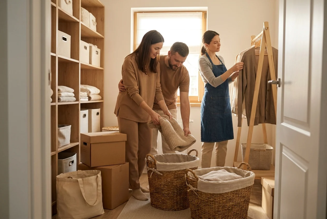 Couple organizing clothes into bins in a stylish storage room