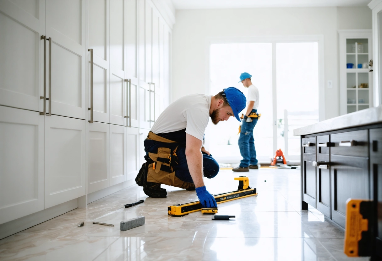 Installer aligns cabinet doors in remodeled kitchen with assistant organizing tools.