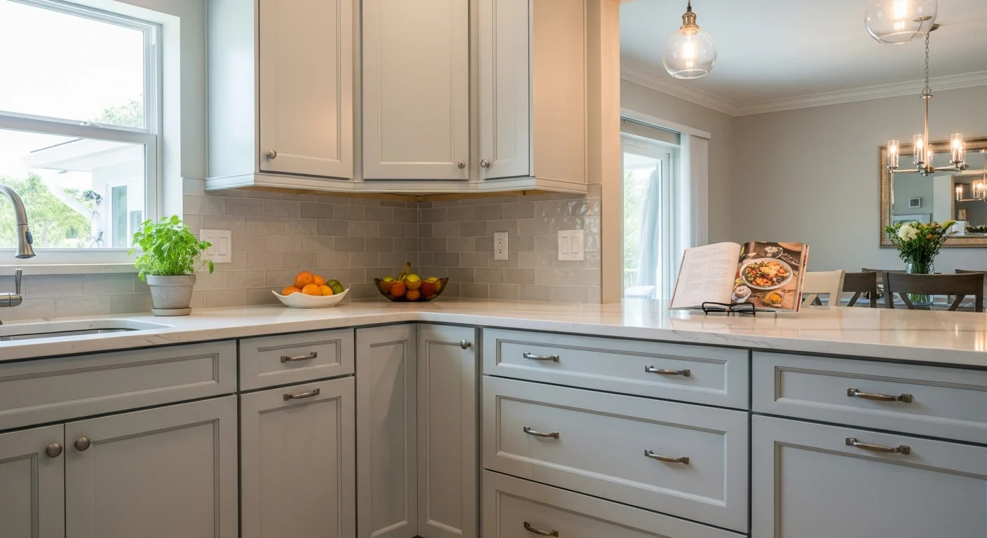 Refreshed kitchen with cohesive cabinet refacing materials and updated hardware.