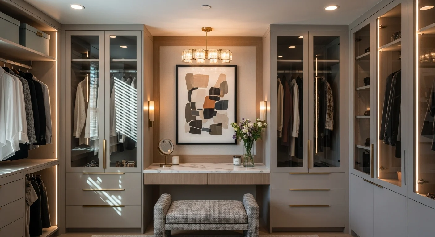 Luxurious closet with dressing nook and custom cabinetry