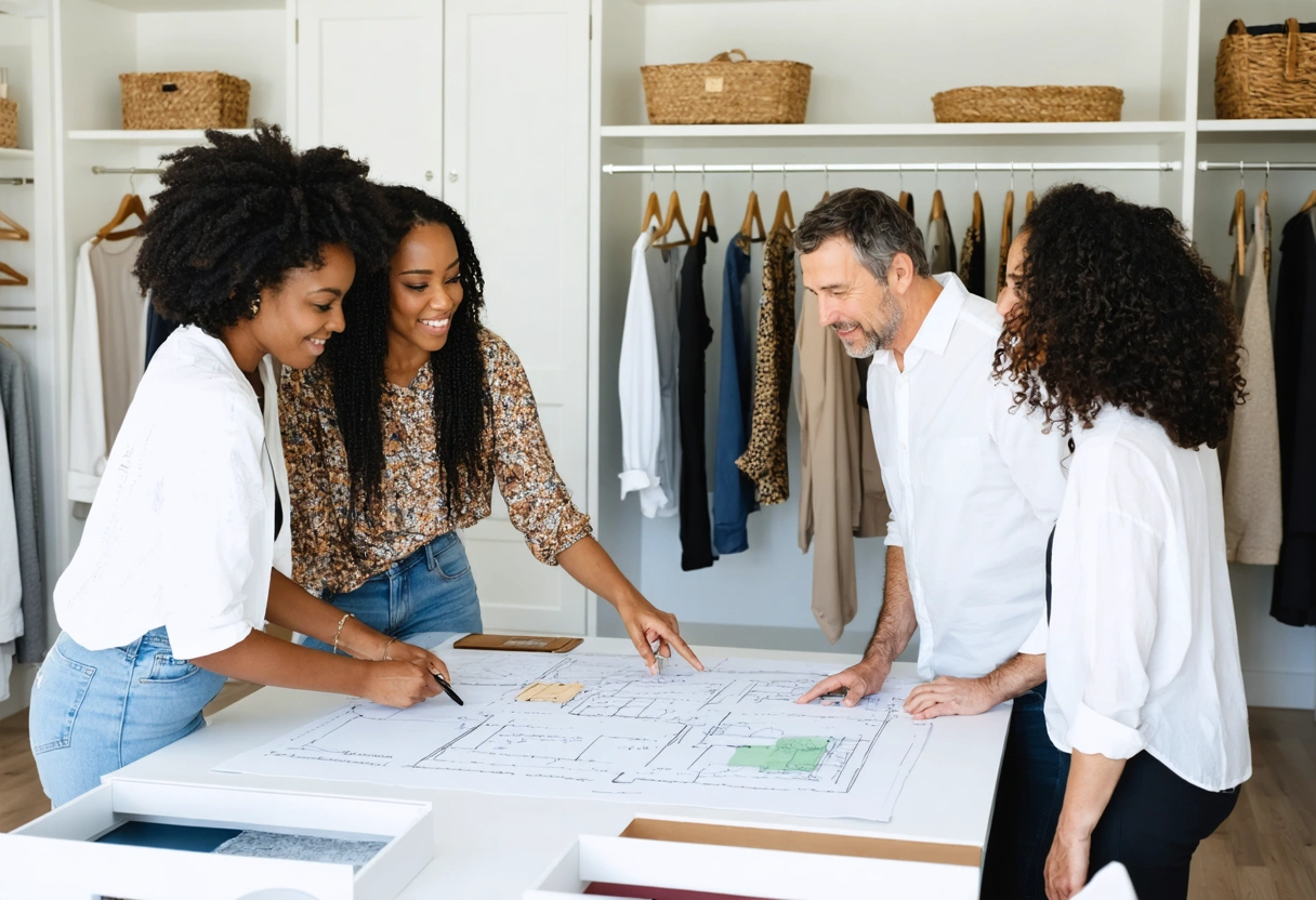 Group discussing closet storage ideas in a bright showroom