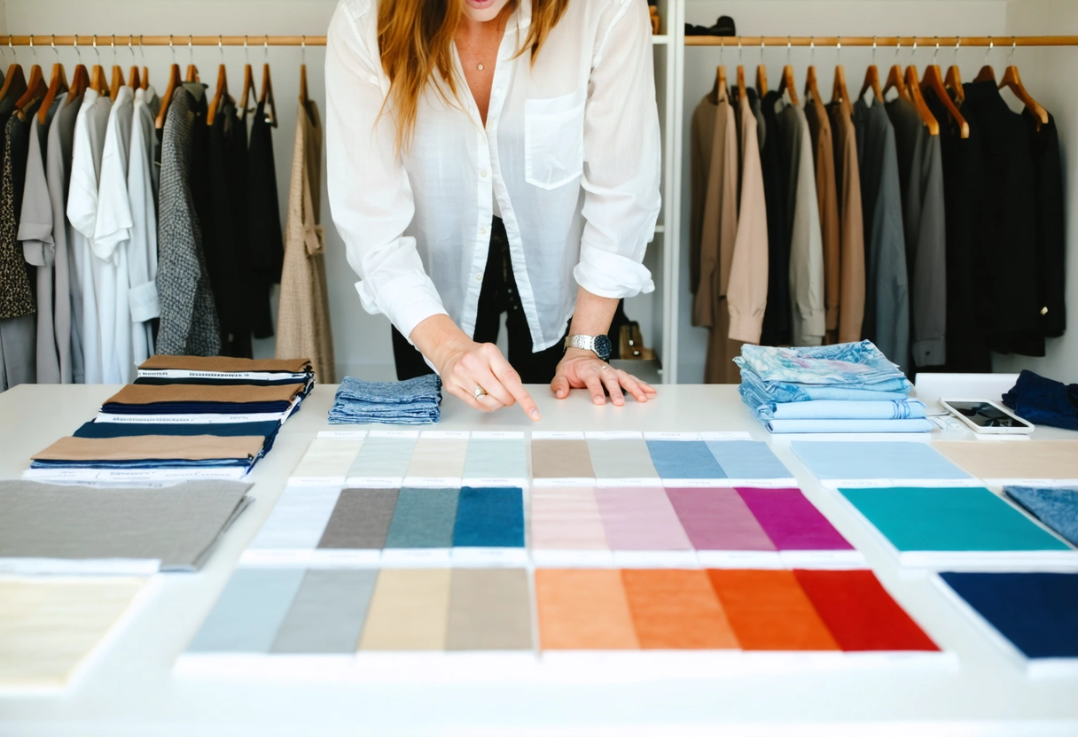Homeowner and consultant reviewing closet strategy with fabric swatches