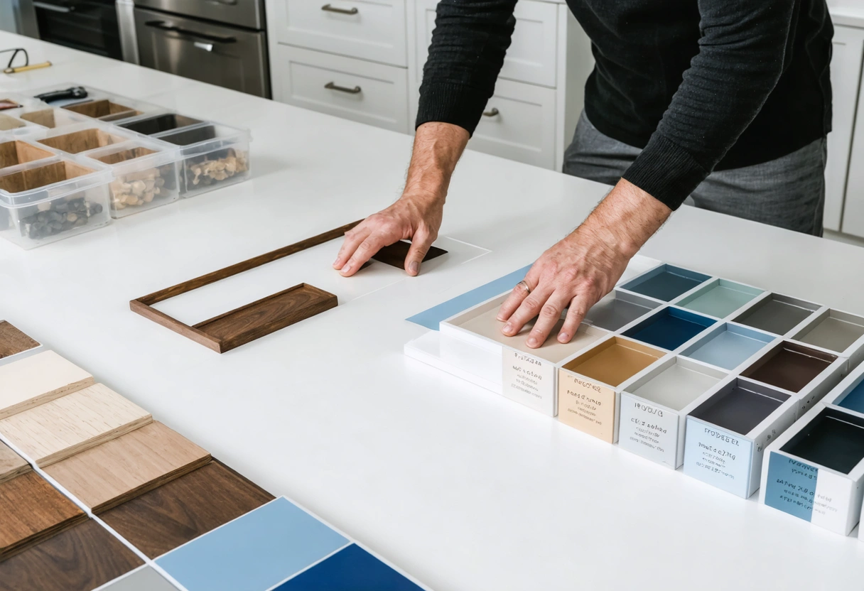 Design showroom with cabinet refacing samples and consultant arranging colors.