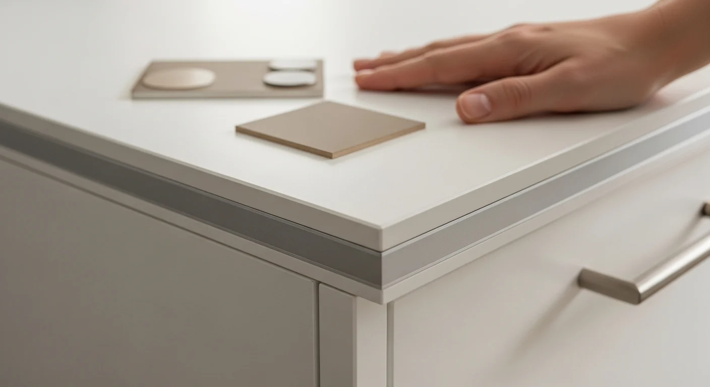 Close-up of laminate cabinet door with hand touching smooth finish.