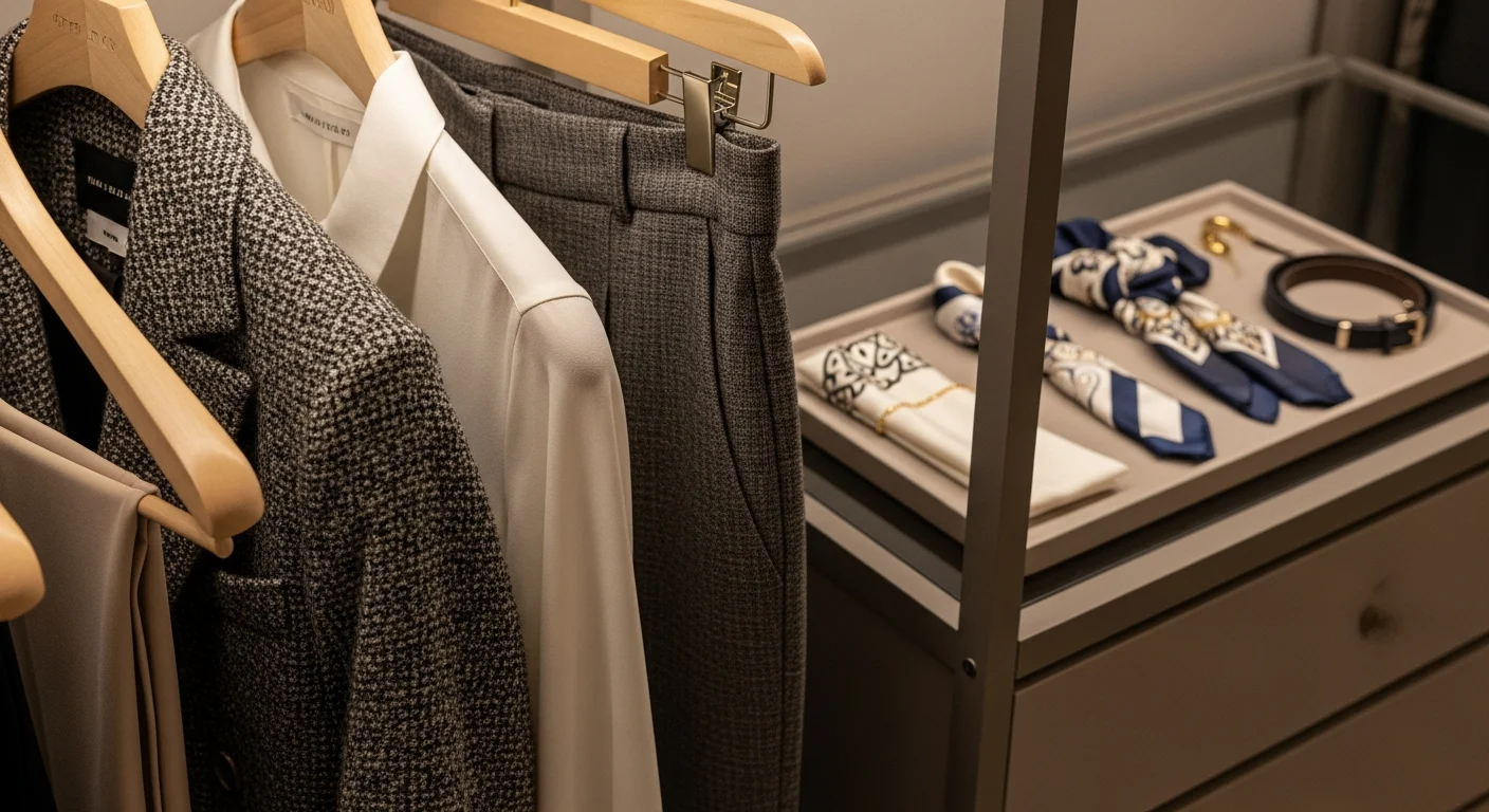 Coordinated outfit on hangers with accessory tray in closet