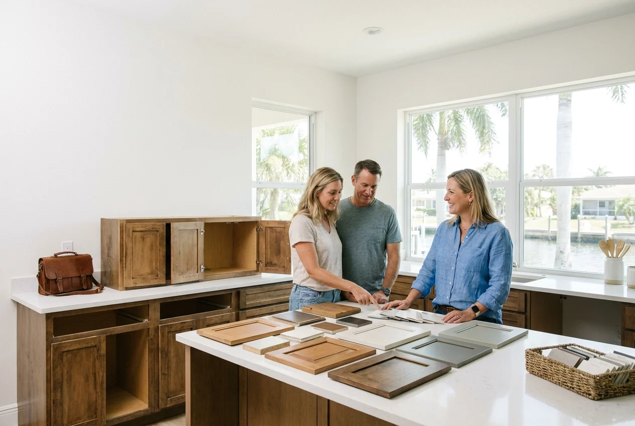 Homeowners and design expert reviewing cabinet samples in kitchen