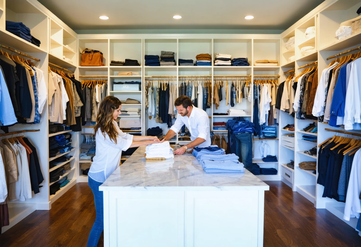 Professional organizer and homeowner sorting clothes in a walk-in closet