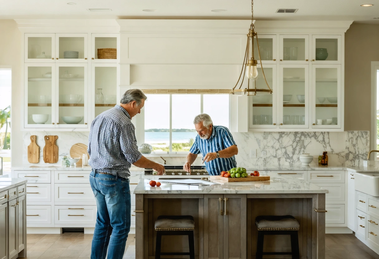 Homeowners and consultant reviewing cabinet samples in a sunlit kitchen remodel