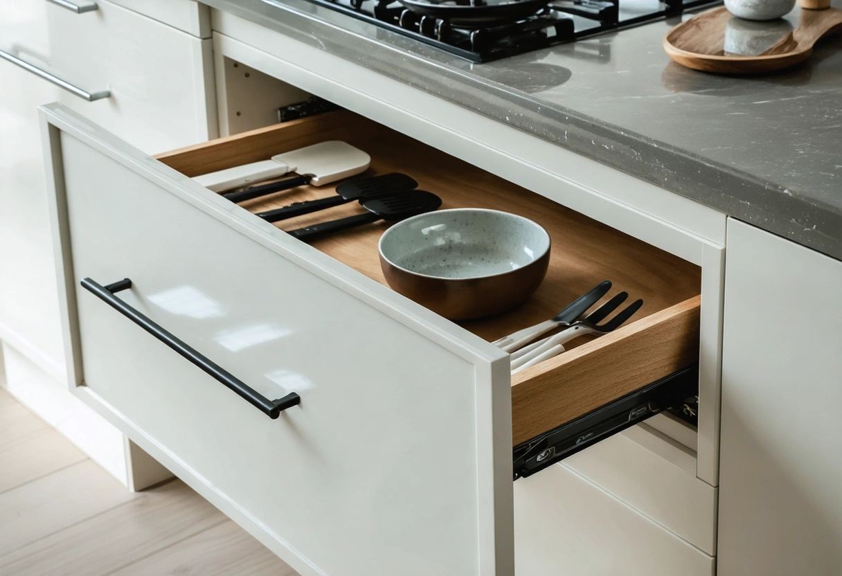 Cabinet display showing soft-close drawer hardware and neatly arranged essentials