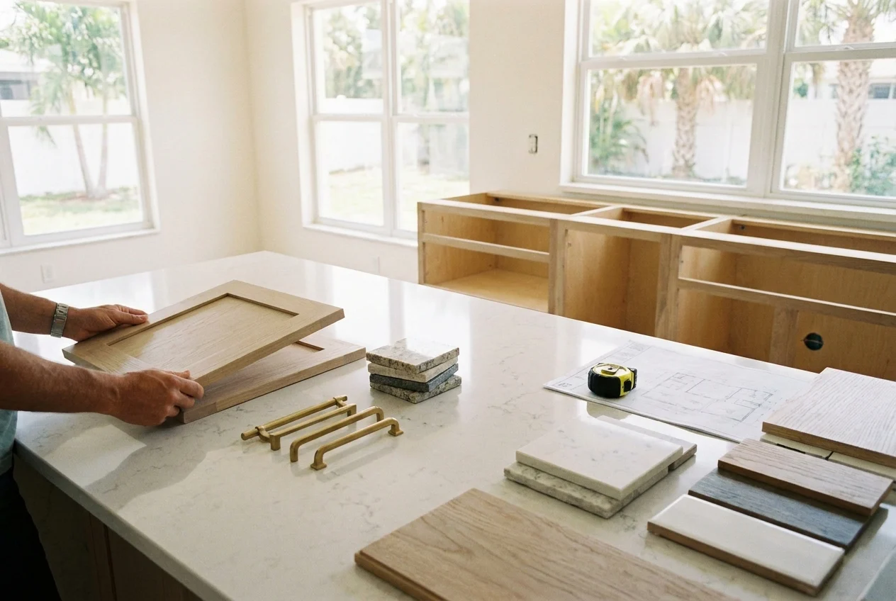 a-clean-modern-kitchen-renovation-planning-2QruVs Modern kitchen renovation materials being compared on a polished island
