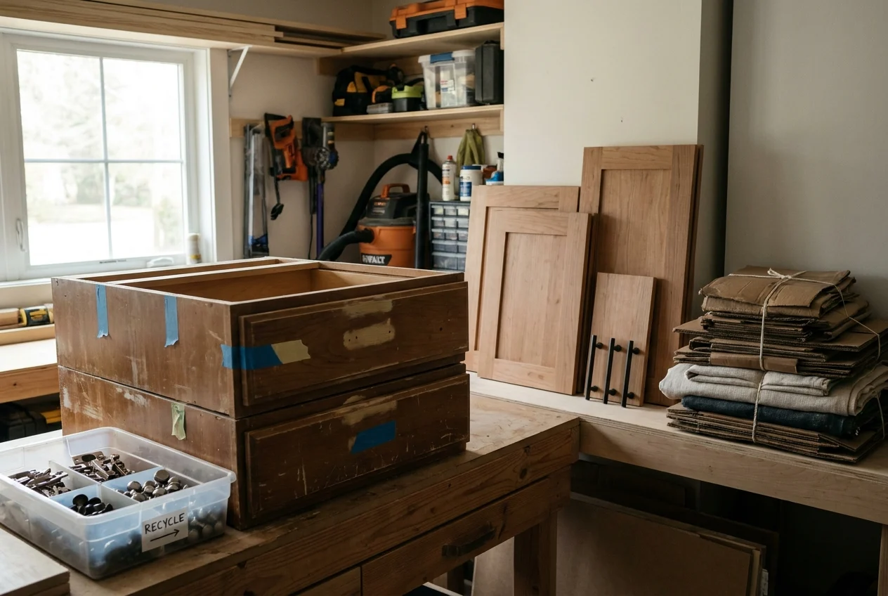 Sustainable cabinet renovation workspace with reusable boxes, sorted hardware, and disposal materials