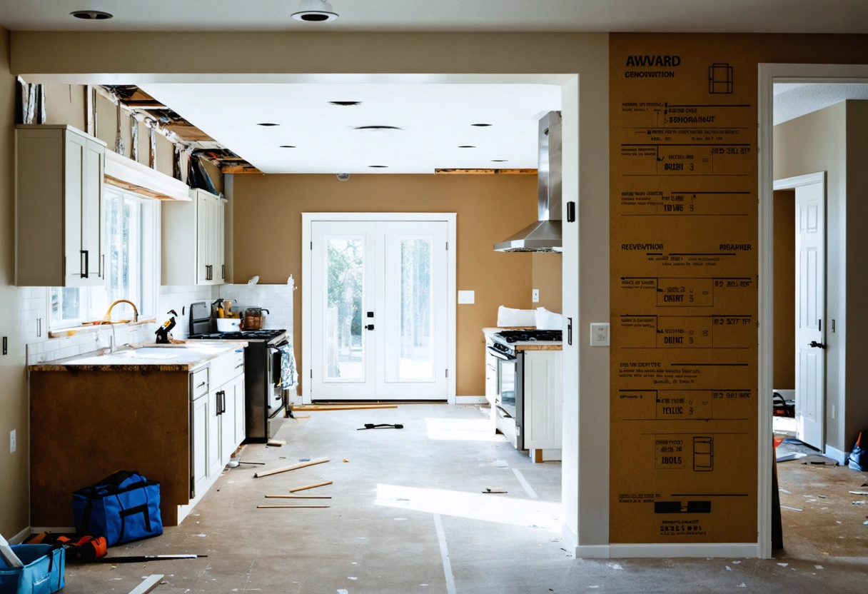 Partially refaced kitchen with replacement materials staged and progress markers visible