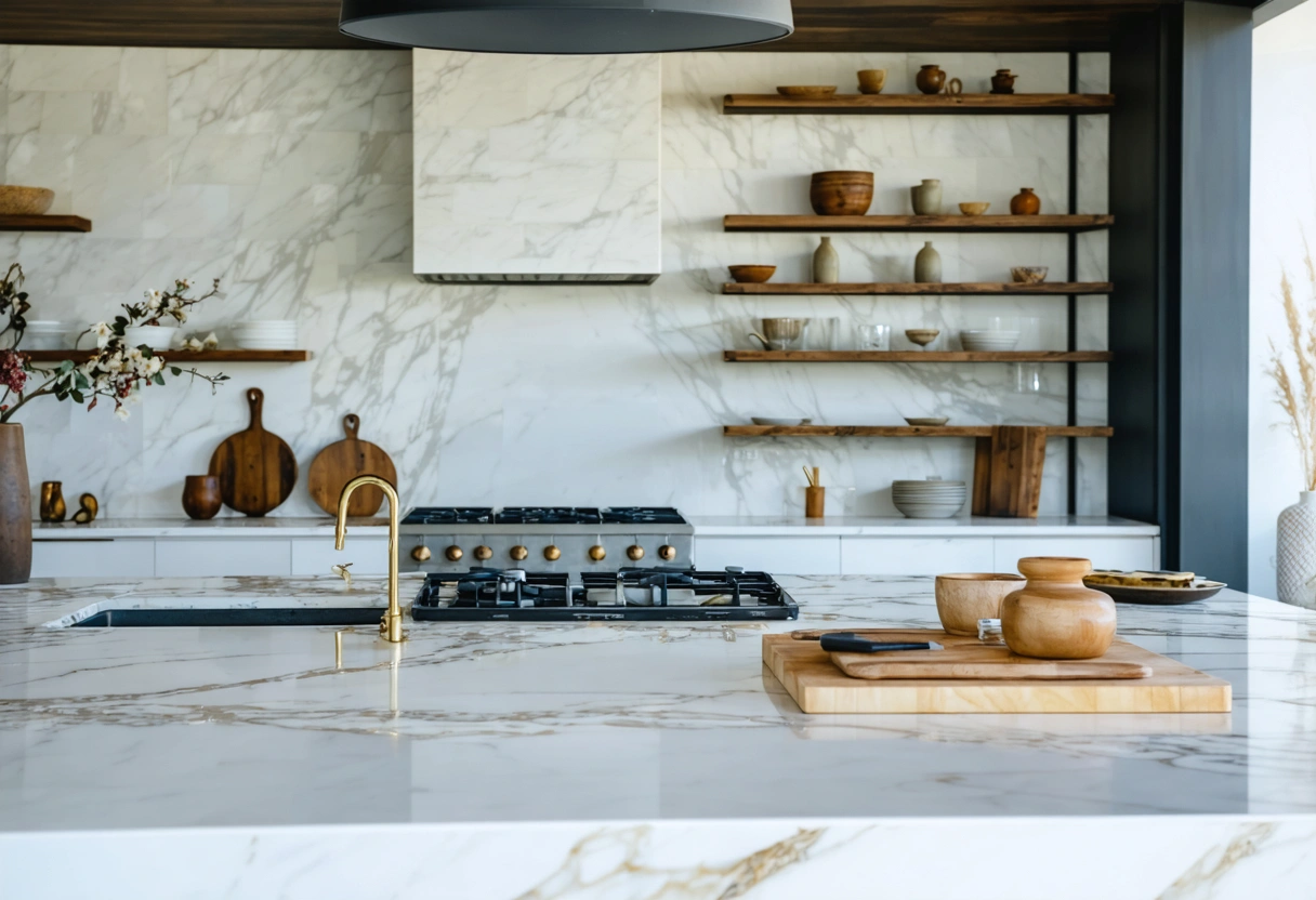 Modern kitchen showroom with finish samples on a worktable