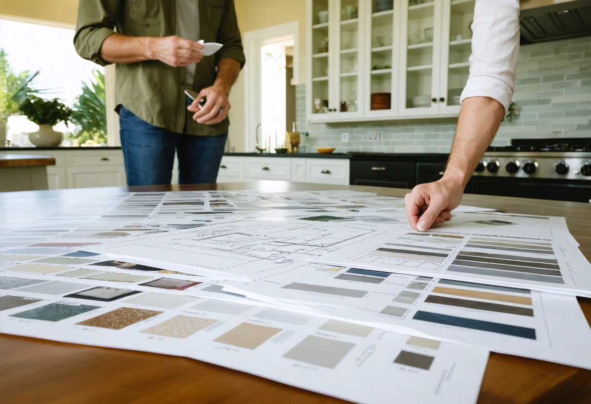 Designer and homeowner review cabinet samples and layout in a dated Florida kitchen