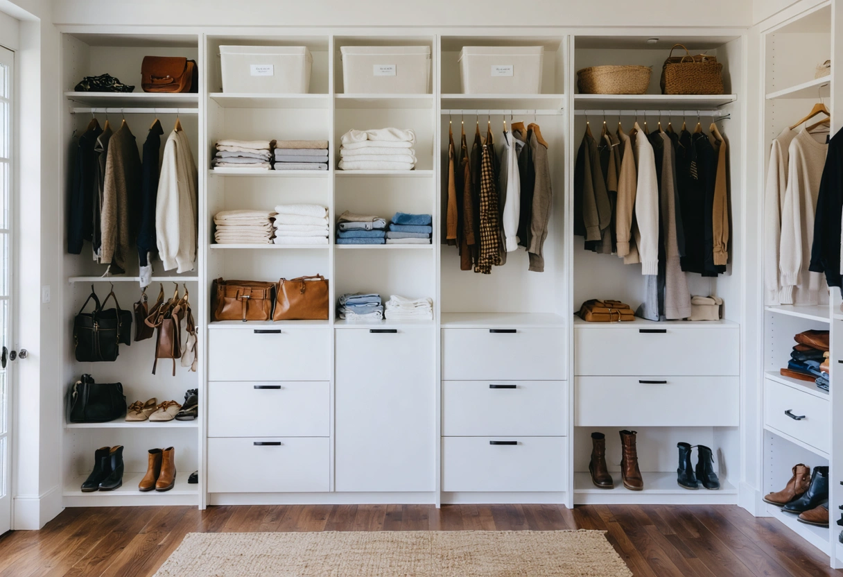 Organized custom closet with seasonal storage in a calm coastal home