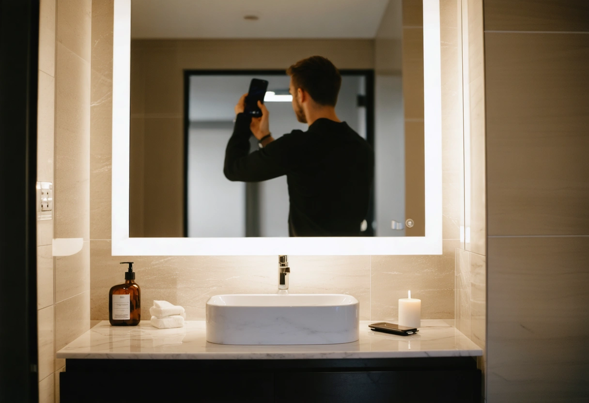 Modern vanity with smart lighting, homeowner adjusting brightness via smartphone.