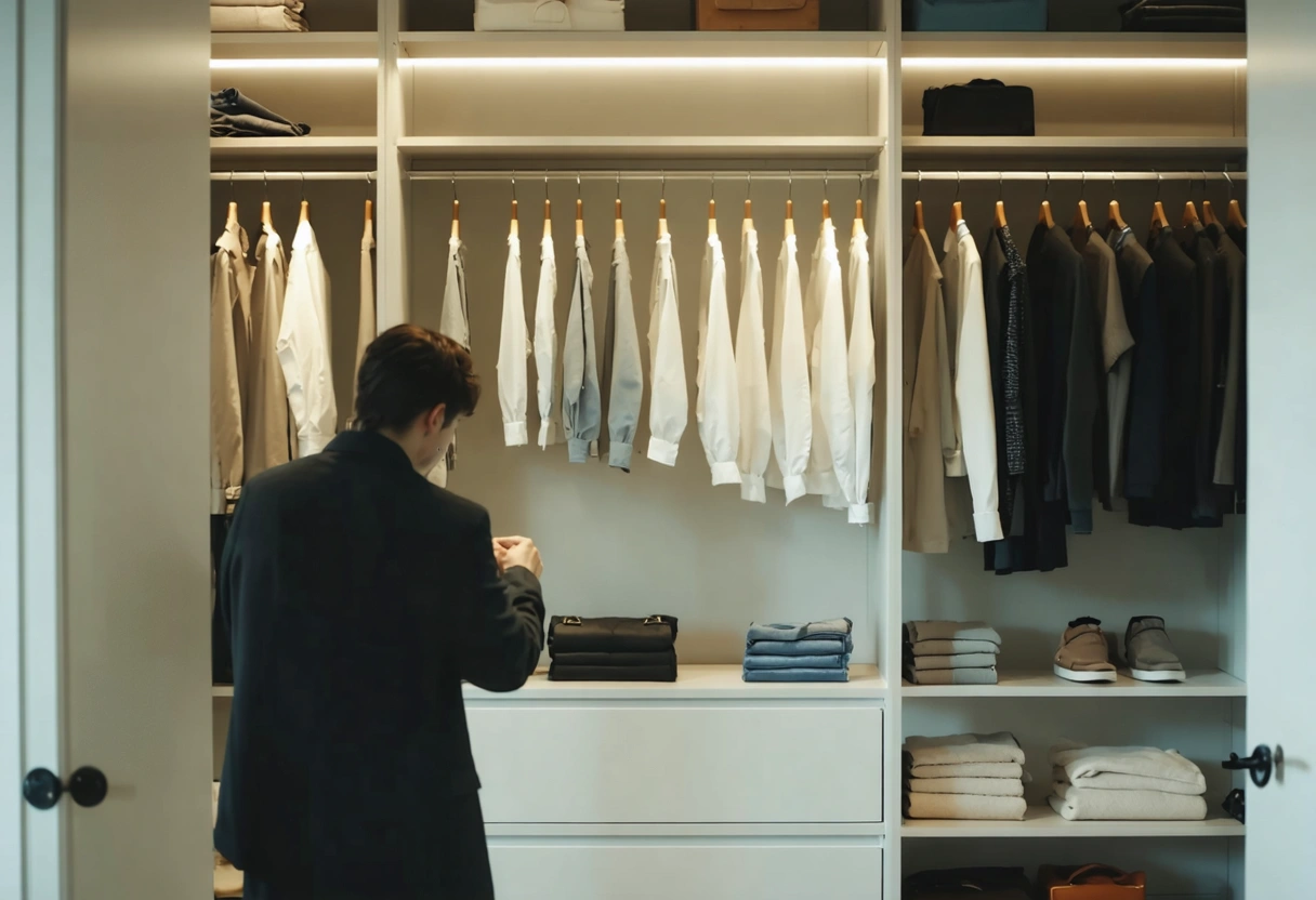 Neatly zoned custom closet with daily outfits and seasonal storage