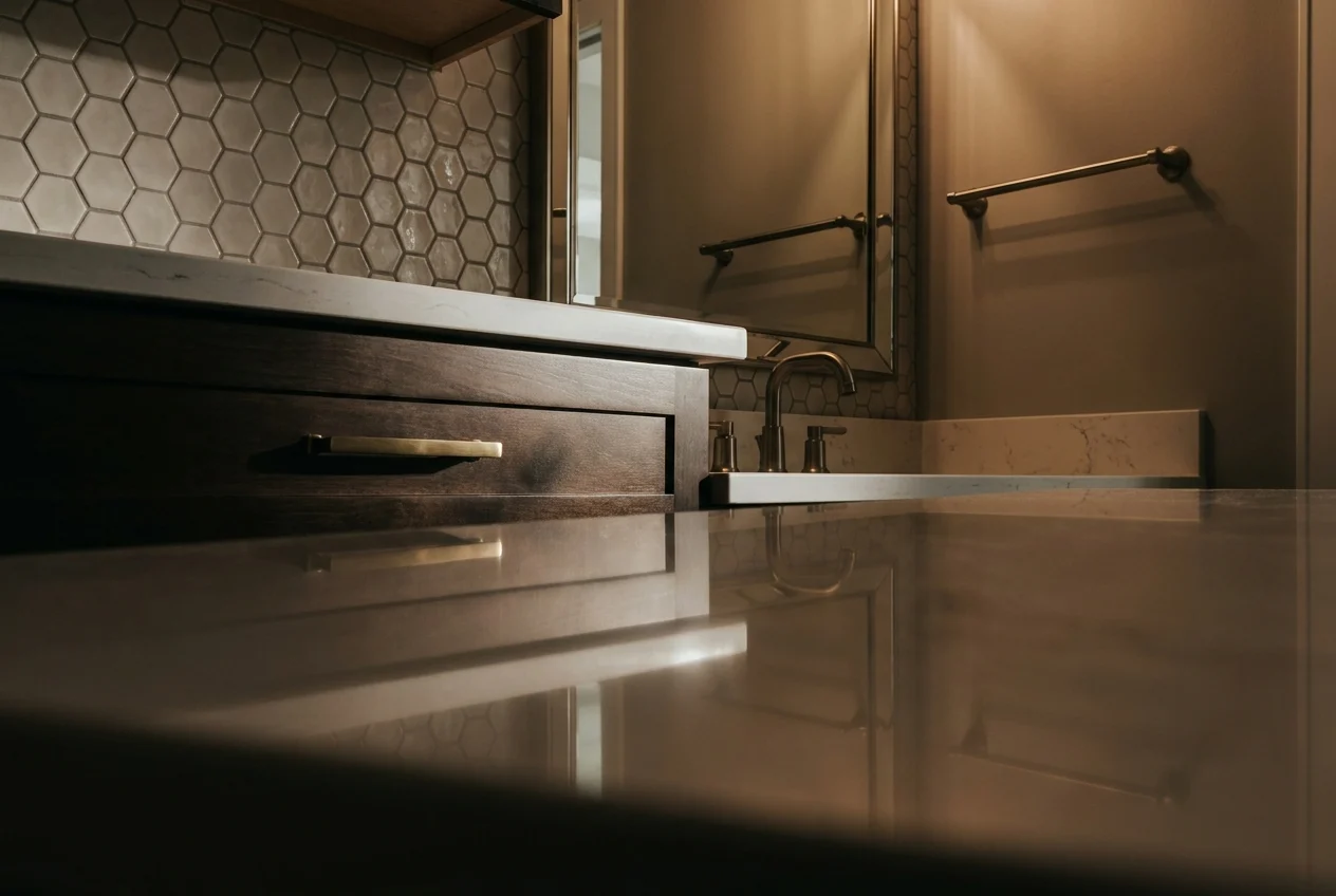 Kitchen and bathroom materials layered with reflective hardware and shadowed depth