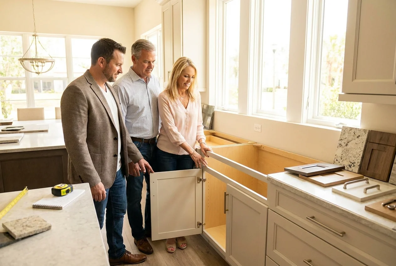 Designer and homeowners discussing an unfinished cabinet in showroom