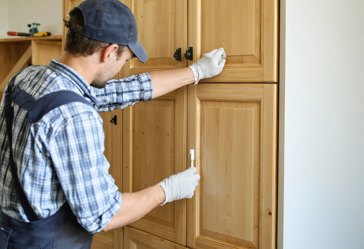 Finisher inspecting cabinet door edges and panel profiles for protection