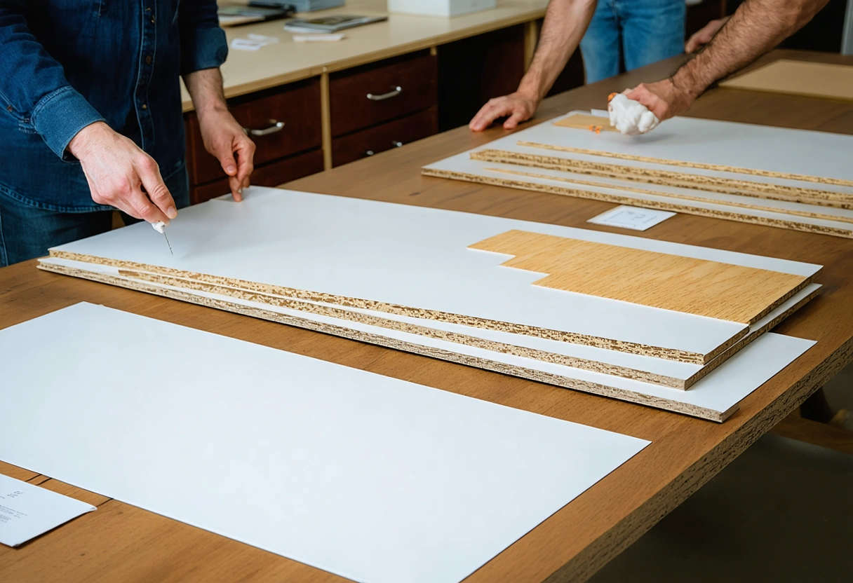 Professionals reviewing plywood, MDF, veneer, edge samples, and finish tests