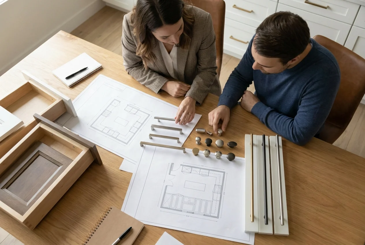 Designer and homeowner comparing cabinet pulls and layout plans in showroom