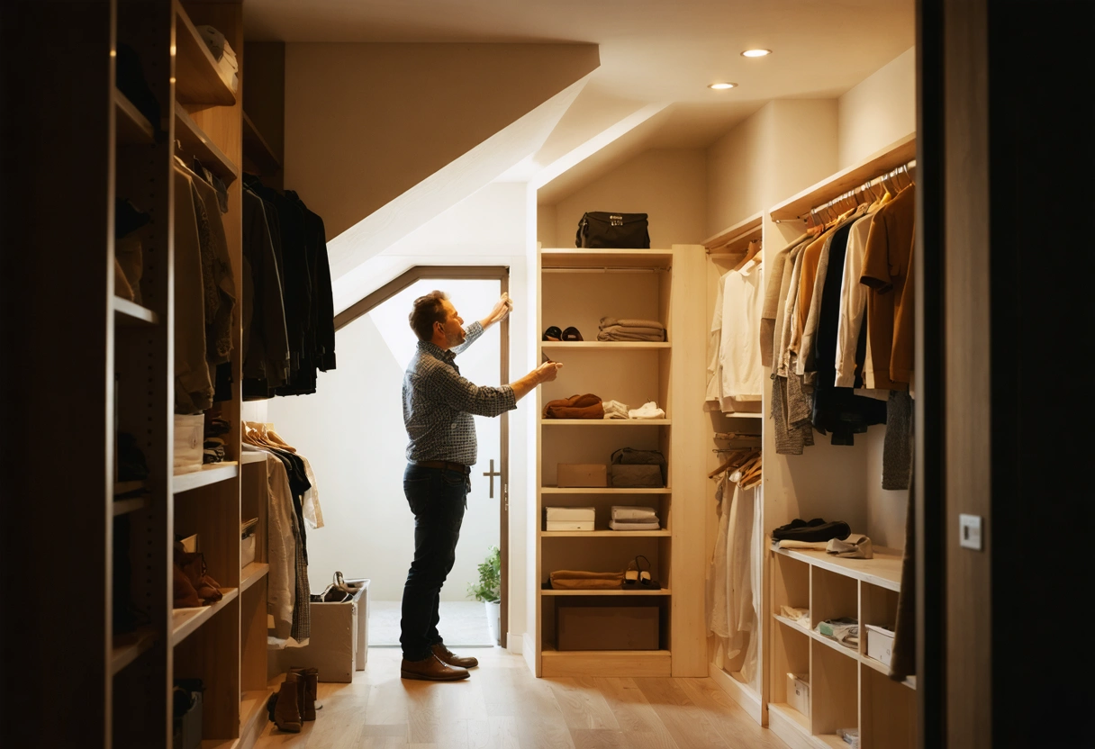 Homeowner and designer planning custom storage in a narrow reach-in closet